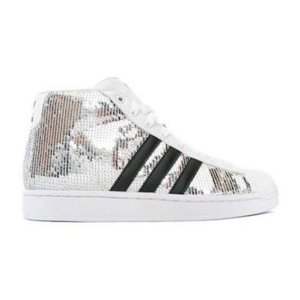 Adidas Silver Sequin High-Tops with Black Stripes